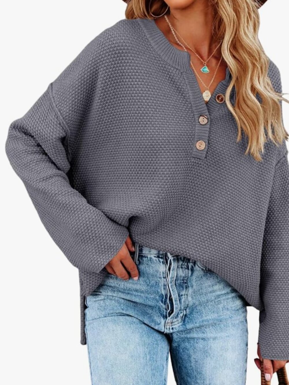 NWT - Saodimallsu Women's Oversized Button-Up V-Neck Sweater Dark Grey SIZE XL